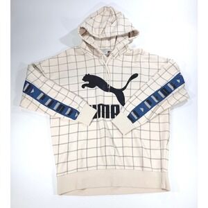 Puma Women's XSGrid Print Oversized Hoodie Cream Blue Logo Sweatshirt